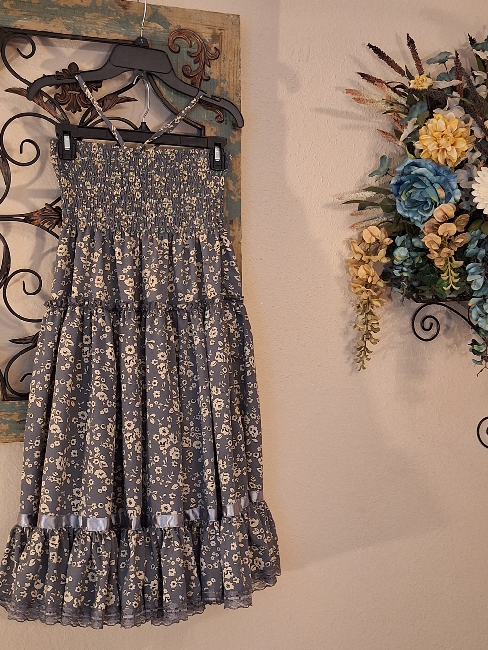 Lapis Smocked Strapless Floral Tiered Dress in Blue/Gray & Cream. NWOT Size M